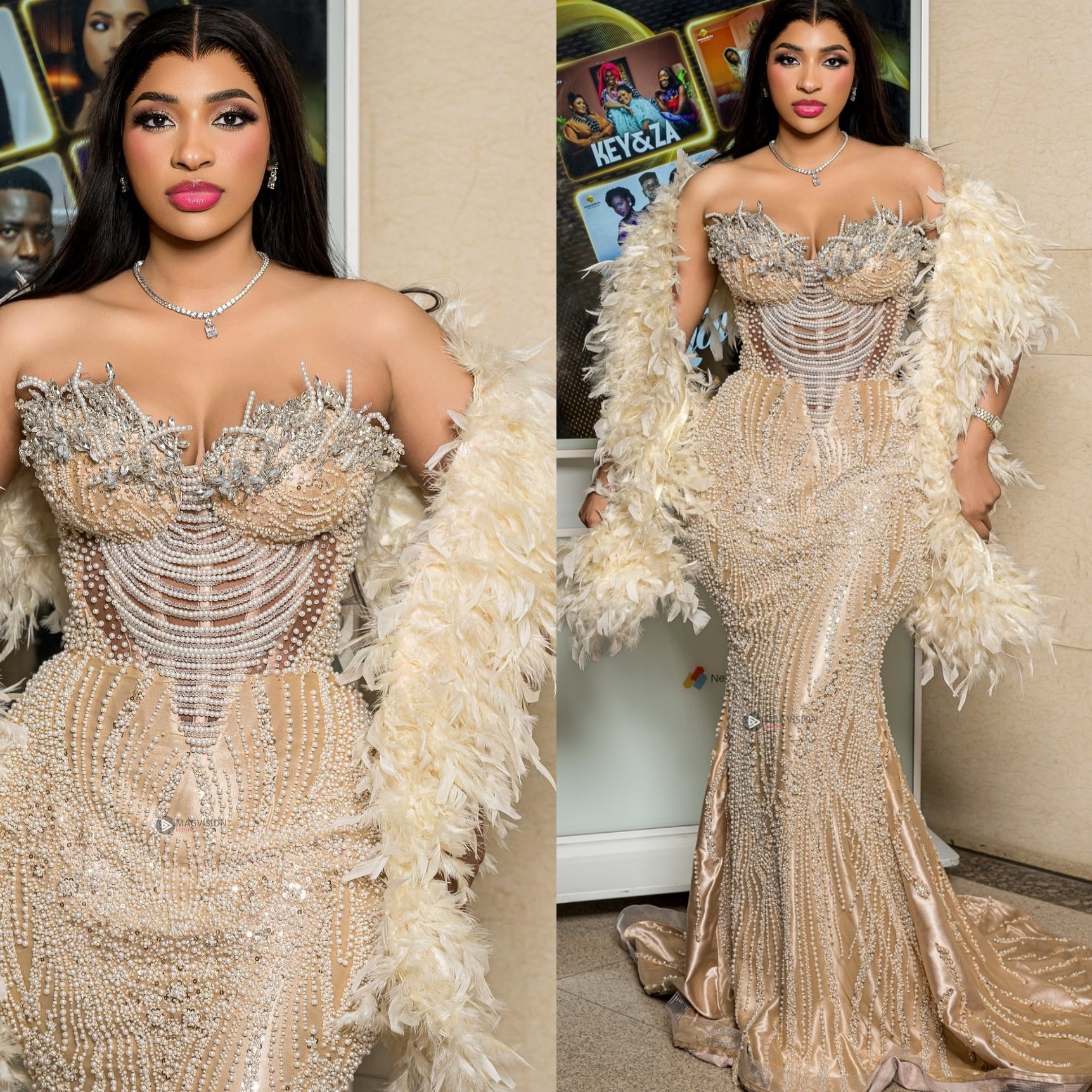 Champagne Mermaid Plus Size Prom Dresses 2025 Feather Crystals Pearls Sequined Evening Formal Party Second Birthday Engagement Gowns Dress For Special