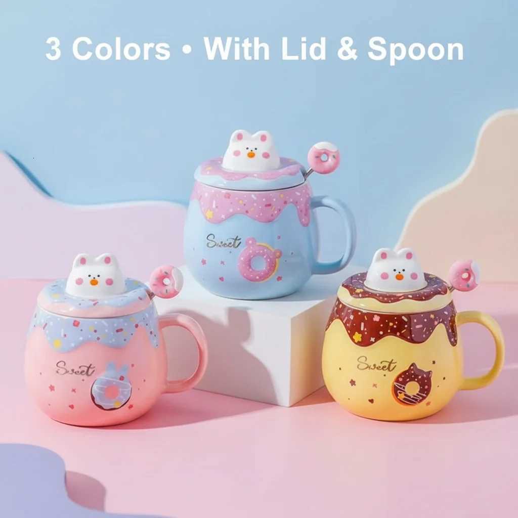 400ml Cute Cat Donut Mug with Lid and Spoon Ceramic Coffee Cup 3 Colors Available Sweet Gift for Girls Friends Birthday Y251125