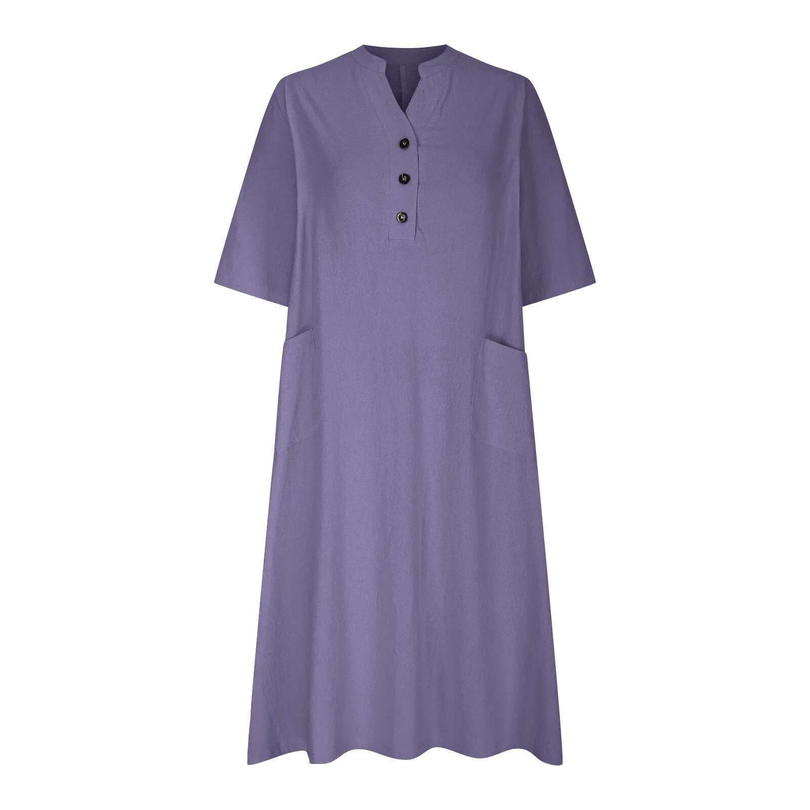 Dongdumaoyi Spring Cotton Linen Dress Women V Neck Button Short Sleeve Loose Dresses Female Elegant Casual Trendy Clothes Summer