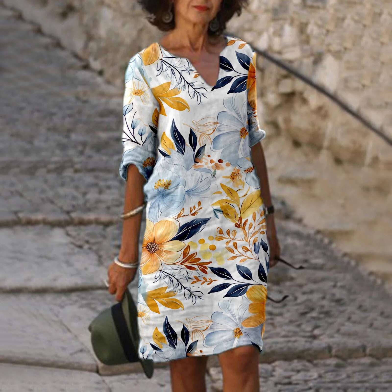 Dongdumaoyi Floral Printed Linen Dress Quarter Vintage Casual V Neck Loose Waist Midi Beach Women Clothing Robe Polyester Vestidos