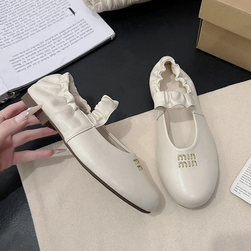 2025 new Comfortable Soft Leather Pleated Ballet Flats for Women All - match Round - toe Mary Jane Flat Leather Shoes