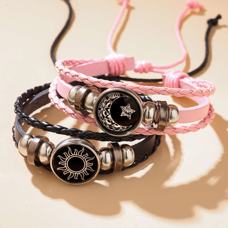 Hot selling Sun Moon Lover Time Leather Punk Multi layer Beaded Weaving Bracelet Couple Gift