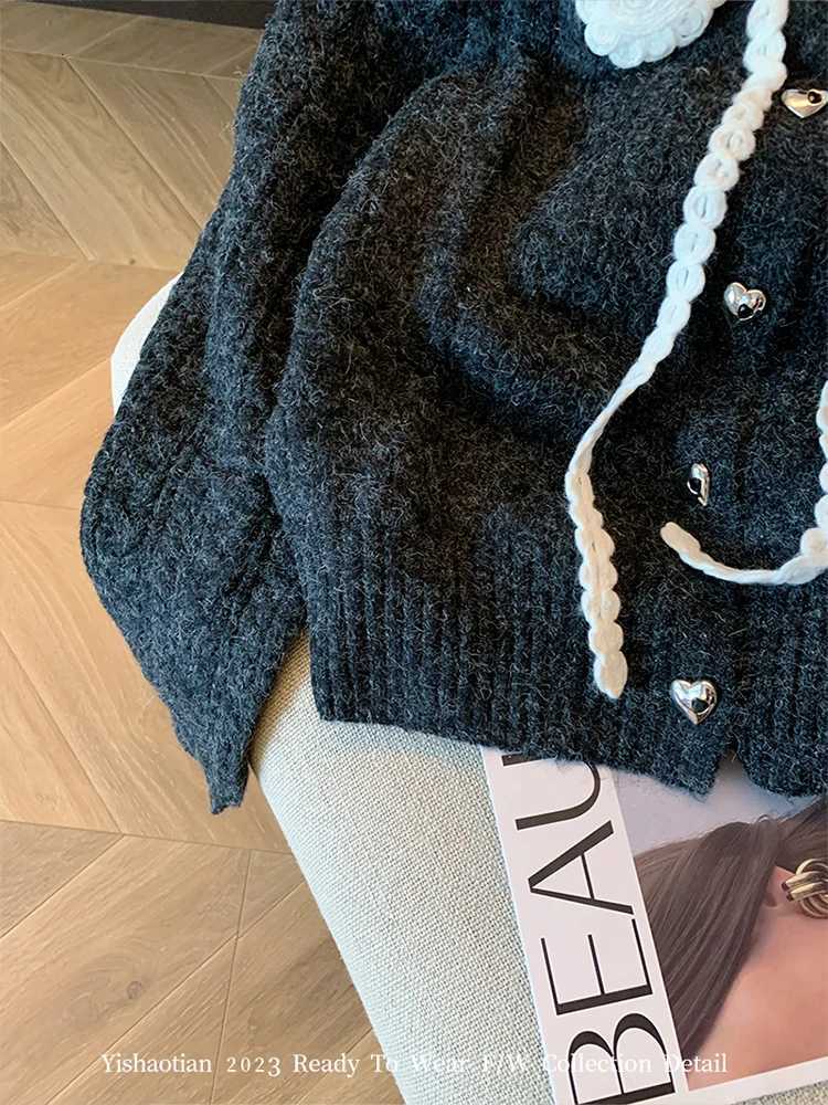 French Peter Pan Collar Luxury Cardigans Lace Up Slim Chic Womens New Knitwear 2023 Autumn Winter Streetwear Japanese FashionT251125