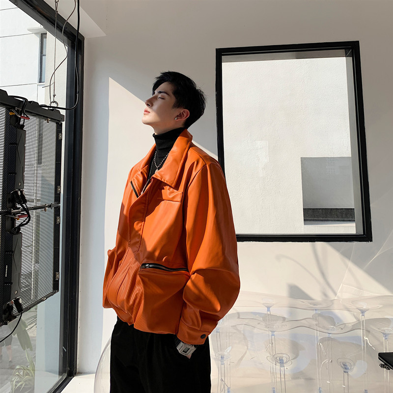 Mauroicardi Spring Autumn Cool Oversized Short Black Orange Soft Faux Leather Jacket Men Zipper er Clothes Fashion 250823