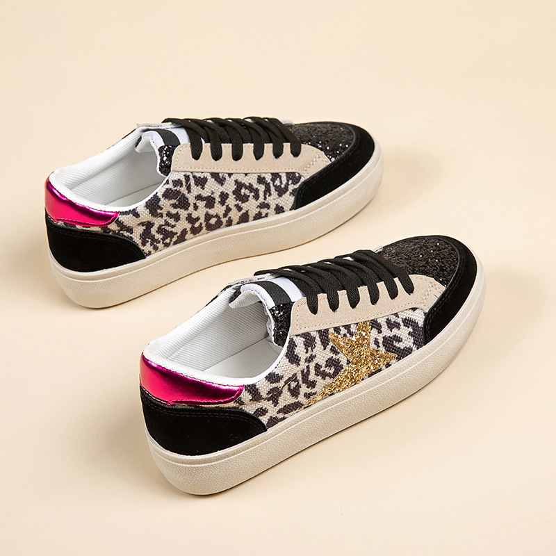 Free shipping women's leopard print sneakers gold star sequins pink heel black patchwork fashionable comfortable versatile daily wear sports casu