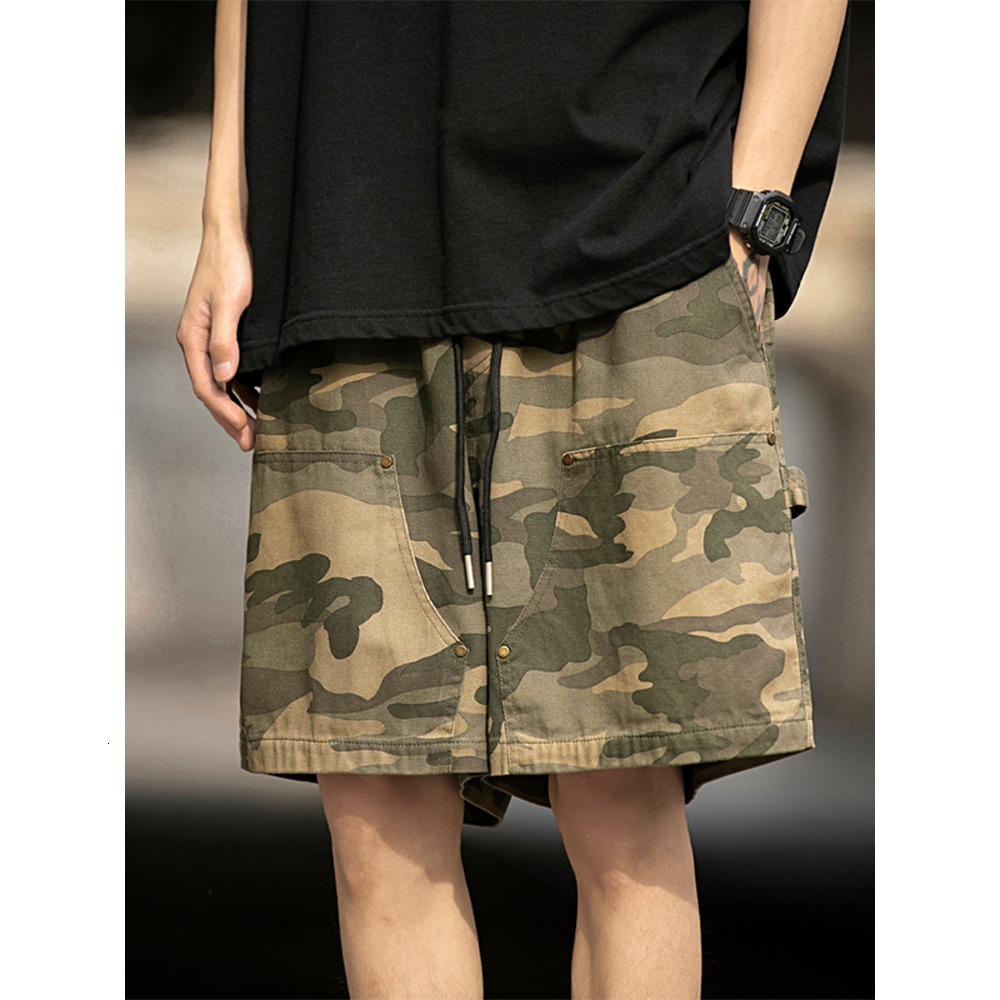 American style high street multi pocket workwear camouflage casual shorts men's trendy brand loose drawstring capris summer