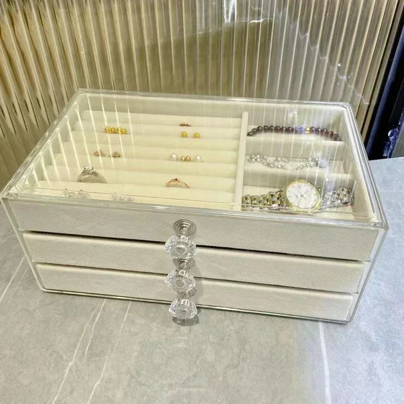 Jewelry Box Organizer Acrylic Velvet with 3 Drawers Stackable Display Earrings Necklace Bracelets Box Holder Case for Women 250424