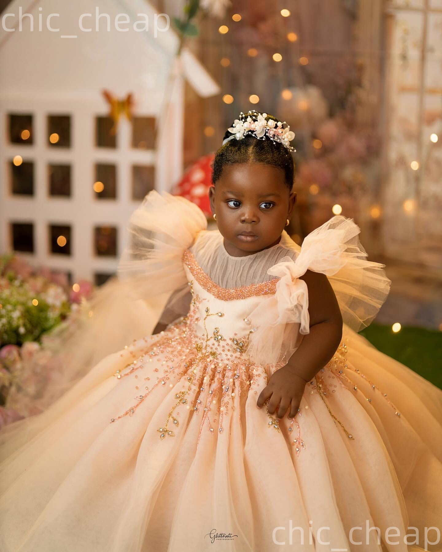 2026 Peach Ball Gown Flower Girl Dresses Beaded Crystals Sheer Neck Tulle Little Girl Christmas Peageant Birthday Christening Tutu Dress Gowns ZJ422