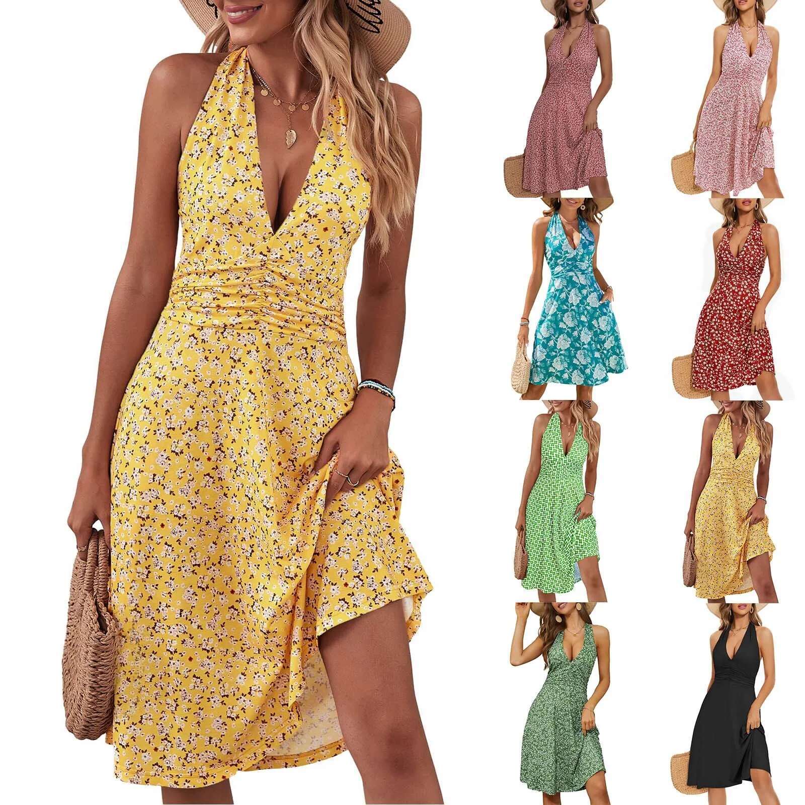 Dongdumaoyi Women Elegant Bohemian Beach Dress Halter Neck Sleeveless Vacation Streetwear Midi Summer Clothes