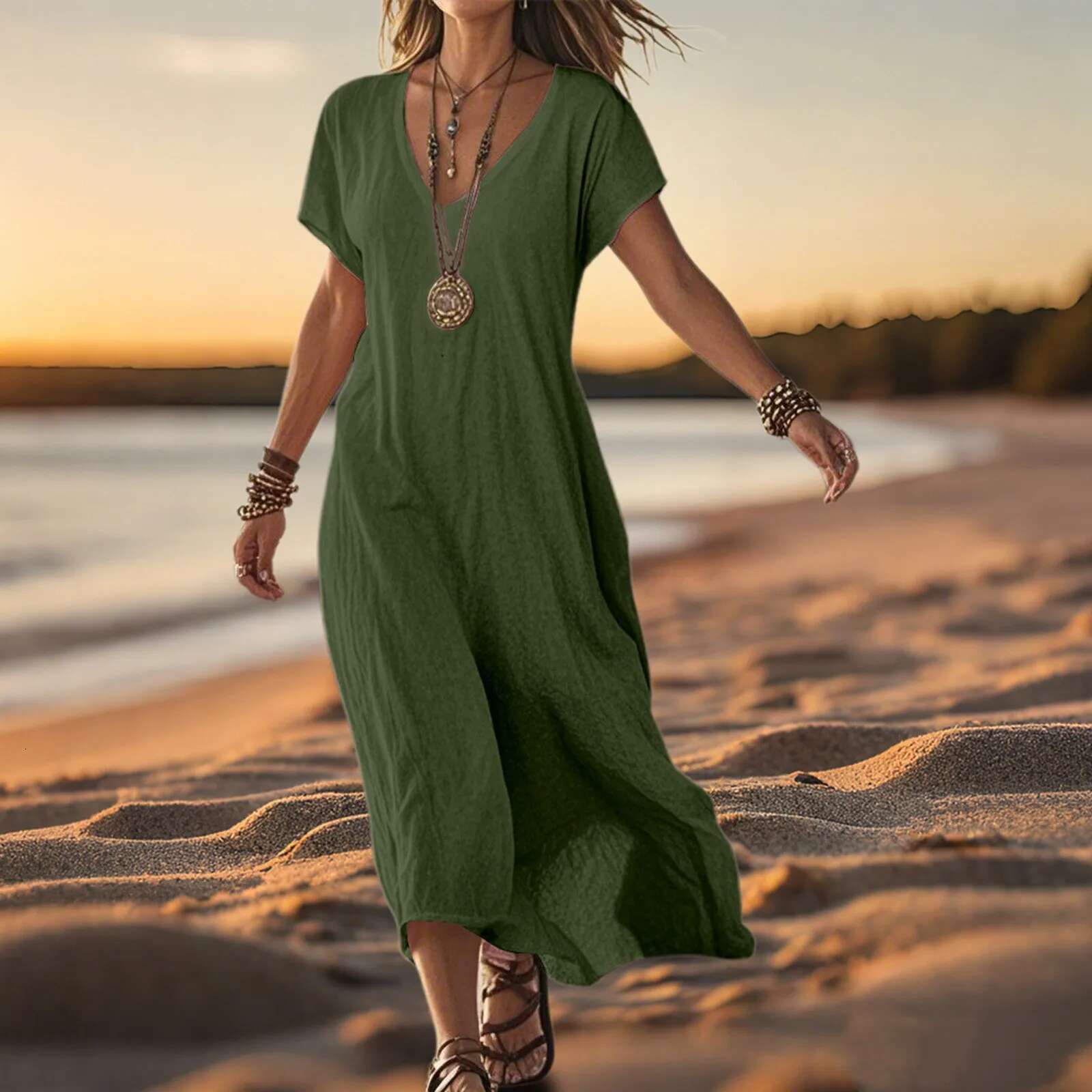Dongdumaoyi Women Summer V Neck Vintage Print Bohemian Long Dresses Short Sleeve Holiday Pullover Beach A Line Dress Vacation Outfits
