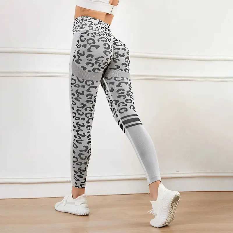 Yoga 9-minute long pants with elastic waist and abdomen tight fitting leopard print seamless quick drying fitness pantsC250425