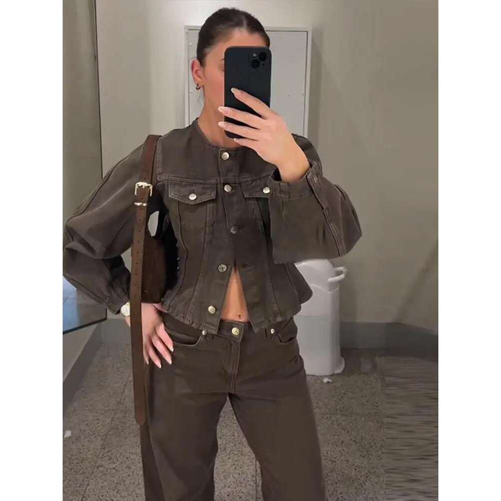 Denim Crop Pants Sets Women Vintage O-Neck Single Breasted Jackat Wide Leg Trousers Suits 2025 Spring Fashion Street Lady Outfit