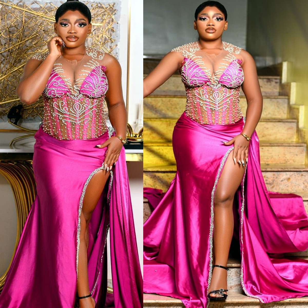 Fuchsia Mermaid Plus Size Prom Dresses 2025 Beaded Crystals Satin High Split Evening Formal Party Second Birthday Engagement Gowns Dress For Special O