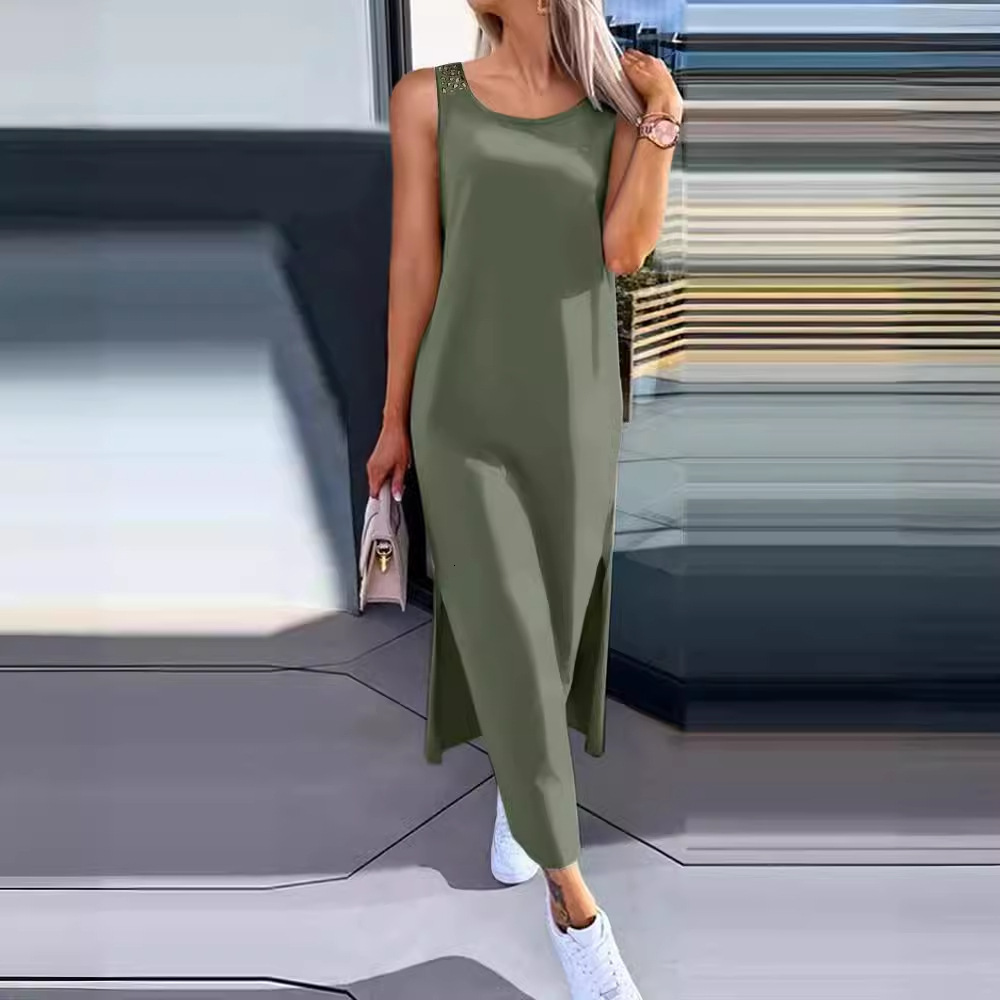2024 New Summer Simple Solid Color Back Lace Sleeveless Dress for Women
