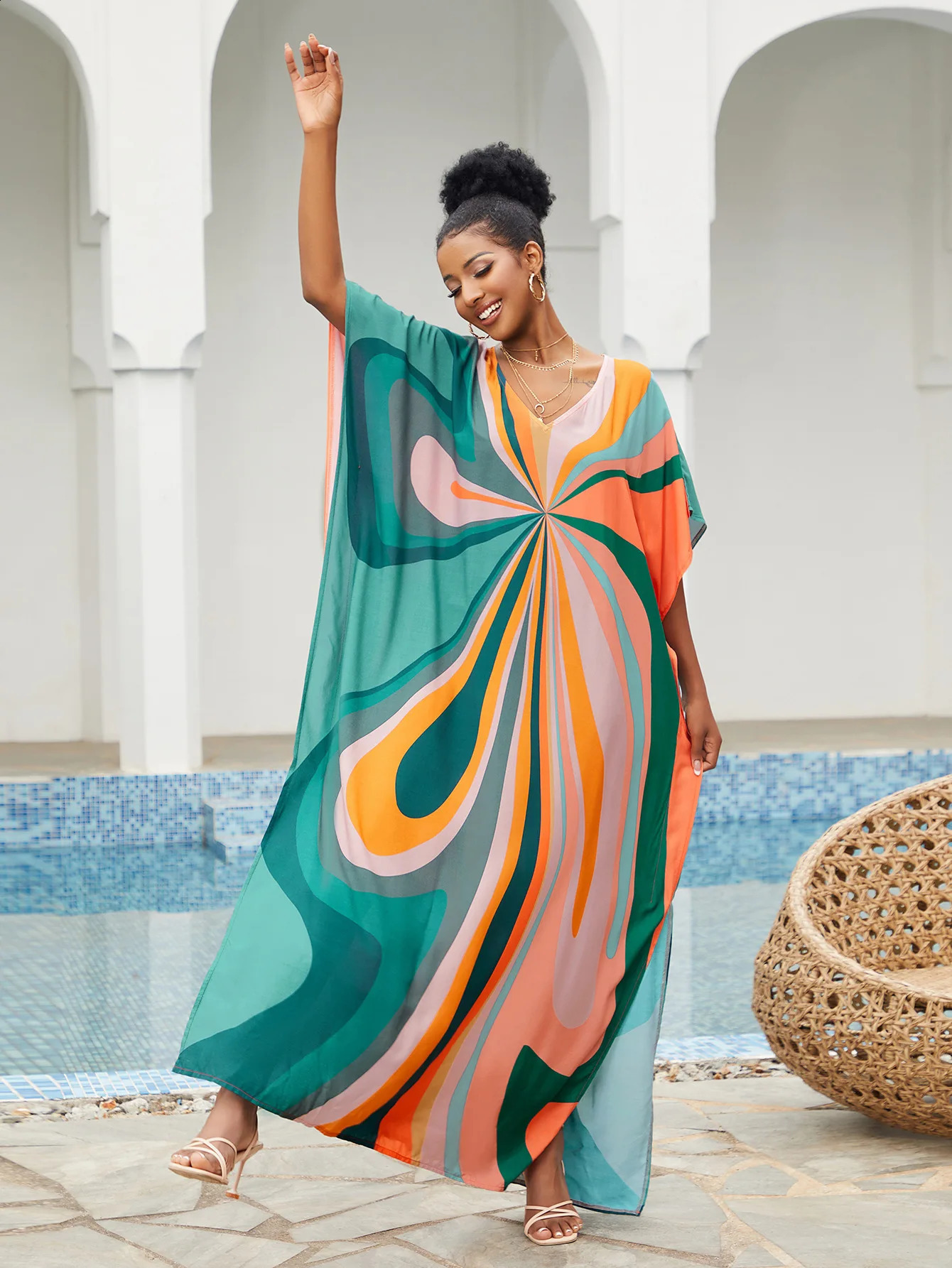 Womens Kaftan Dress Ethnic Bohemian Printed Swimsuit Covered Vneck Cafe 250422