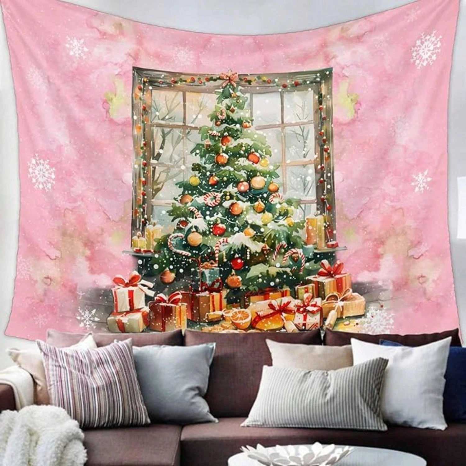 1pc Christmas Pink Tree Gift Tapestry Multi - Season Universal for Bedroom Living Room Wall Decor Polyester 2D Flat DecorM251125