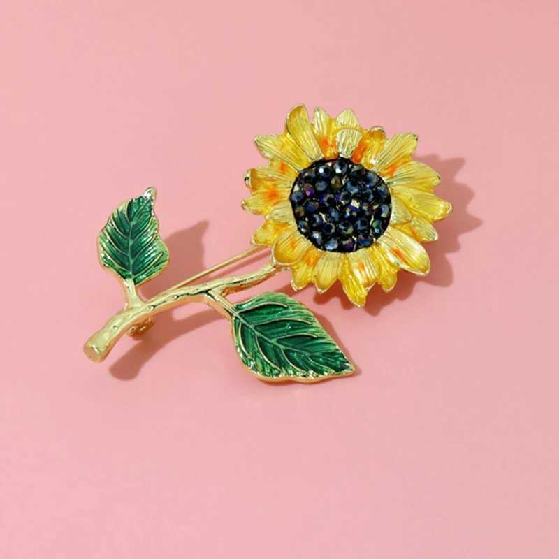 Wulibaby Enamel Sunflower 2 Leaf Brooch Pins For Women Fashion Jewelry 2021New Plant Brooches Gift J251125