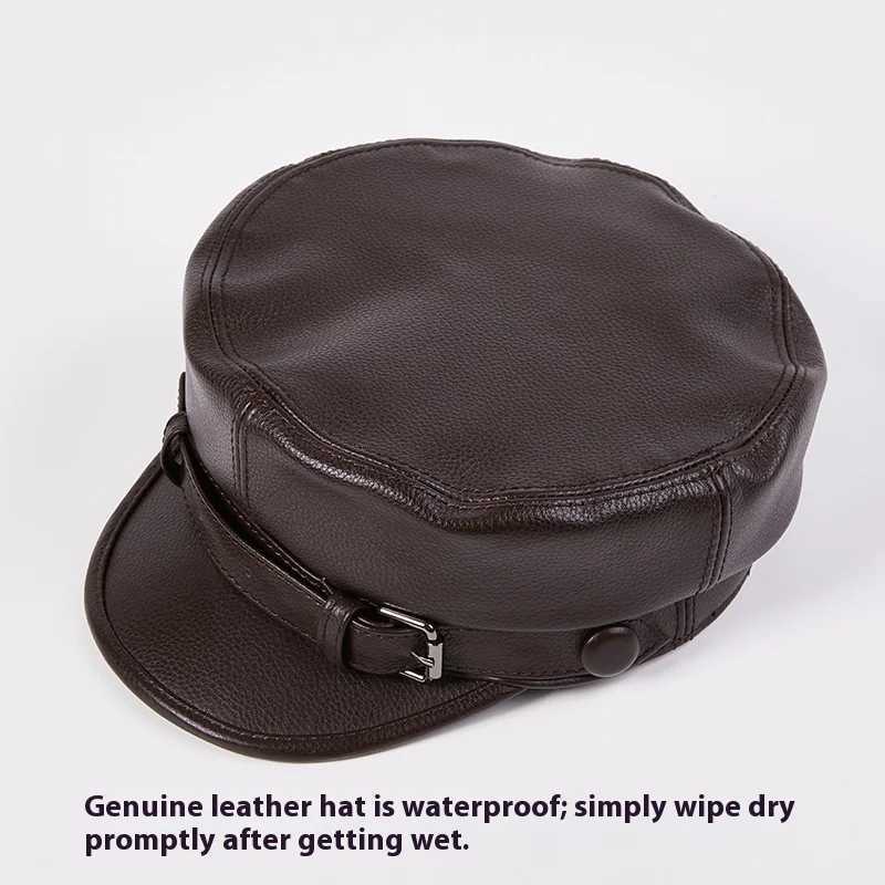 Mens Genuine Leather Hat Autumn Winter Cowhide Retro Duckbill Cap Trendy Middle-Aged Youth Flat Top Biker Hat Unisex Beret J251125