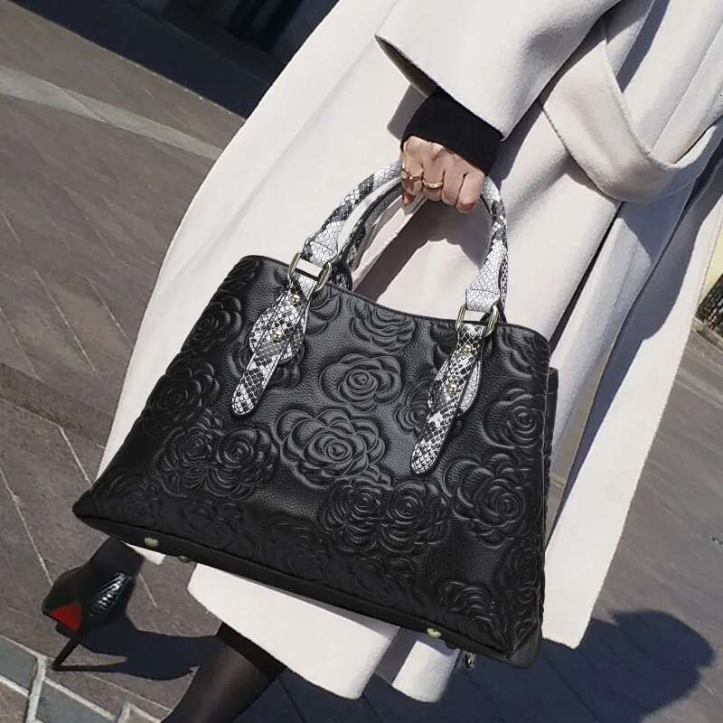 Aidrani Genuine Leather Women's Handbag,Flower Pattern, Black Cowhide Large Bag