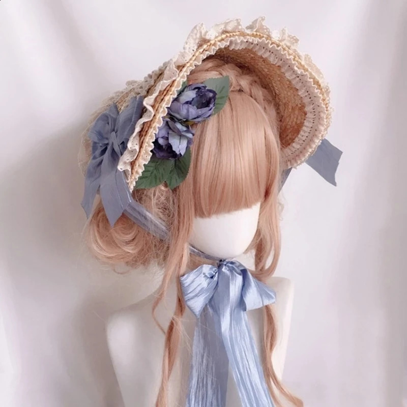 Pastoral Style Flat Top Hat Lace Flower Ribbon Straw Hat Lolita Hat Bonnet Hat French Hat All-match for Beach Vacation 250420