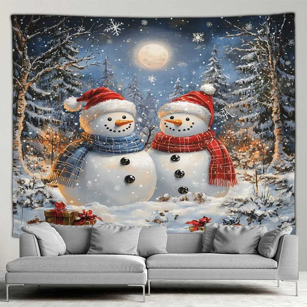 Christmas Tapestry Cute Snowman Xmas Tree Gift Outside Window Winter Forest Scenery New Year Home Living Room Decor Wall HangingM251125