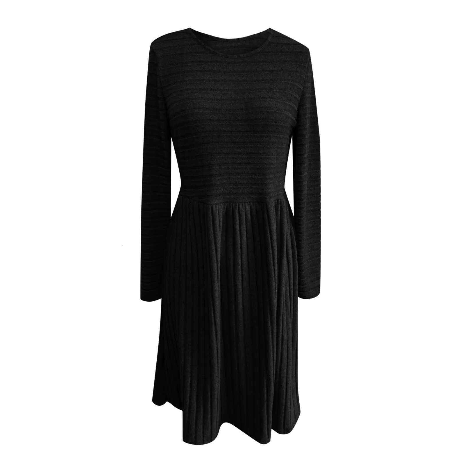 Dongdumaoyi Women S Round Neck Mini Dress Solid Color Knitted Jacquard A Line Dresses Long Sleeve Casual Pleated Woman