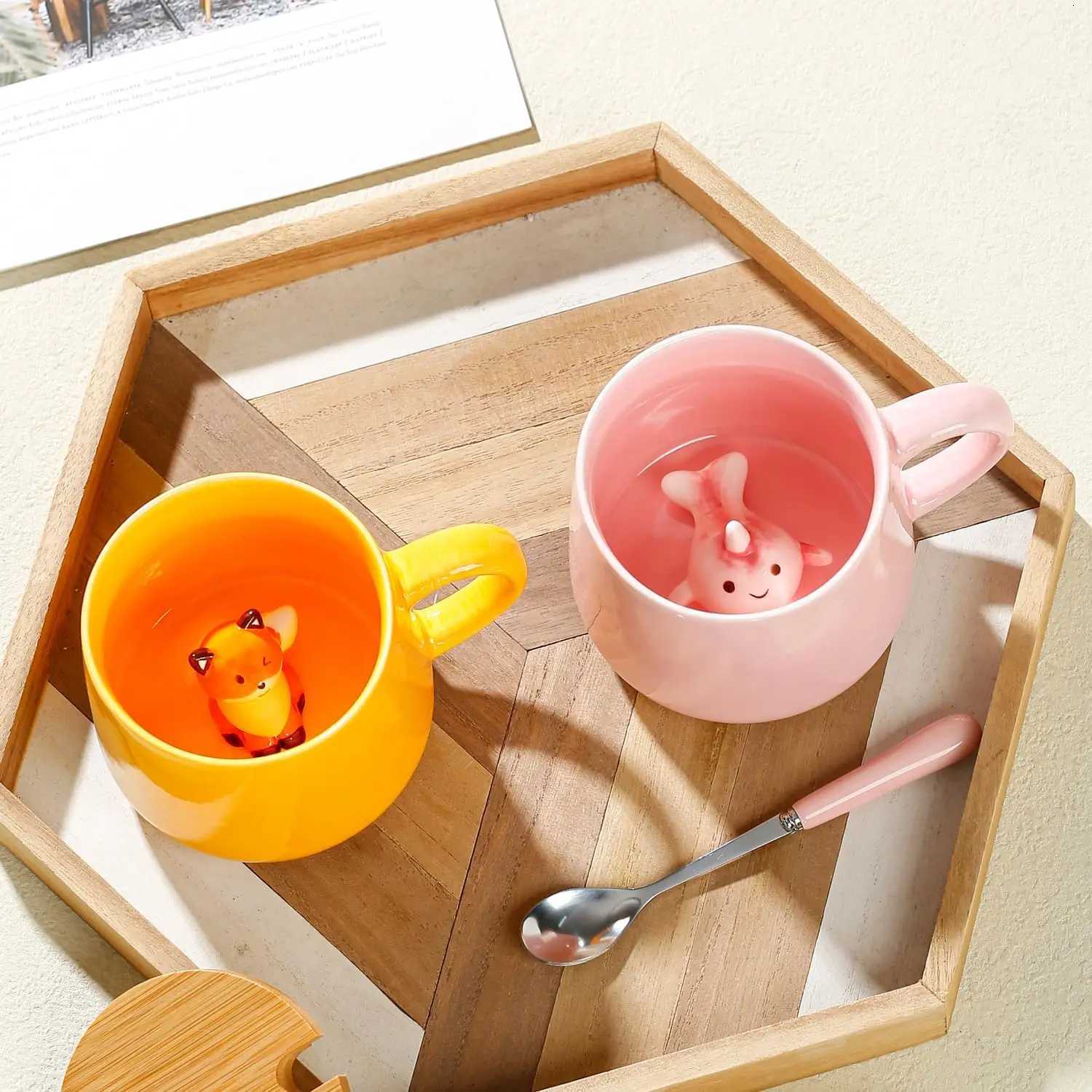 Kawaii Pink Unicorn Mug Cute Fox Cow Mugs 3D Animal Ceramic Coffee Mug with Lid and Spoon Funny Mug Christmas Birthday Gifts Y251125