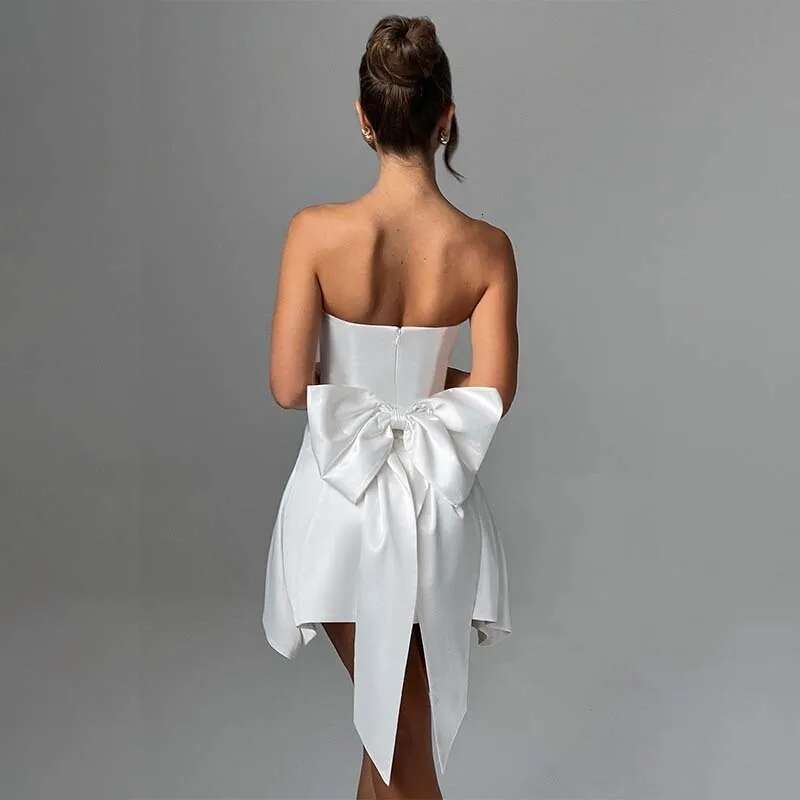 Dongdumaoyi Townlike Waist Wrap A Line Dress Women Off Shoulder Mini Spring Summer Bow Backless Nightclub Sexy Party Dresses