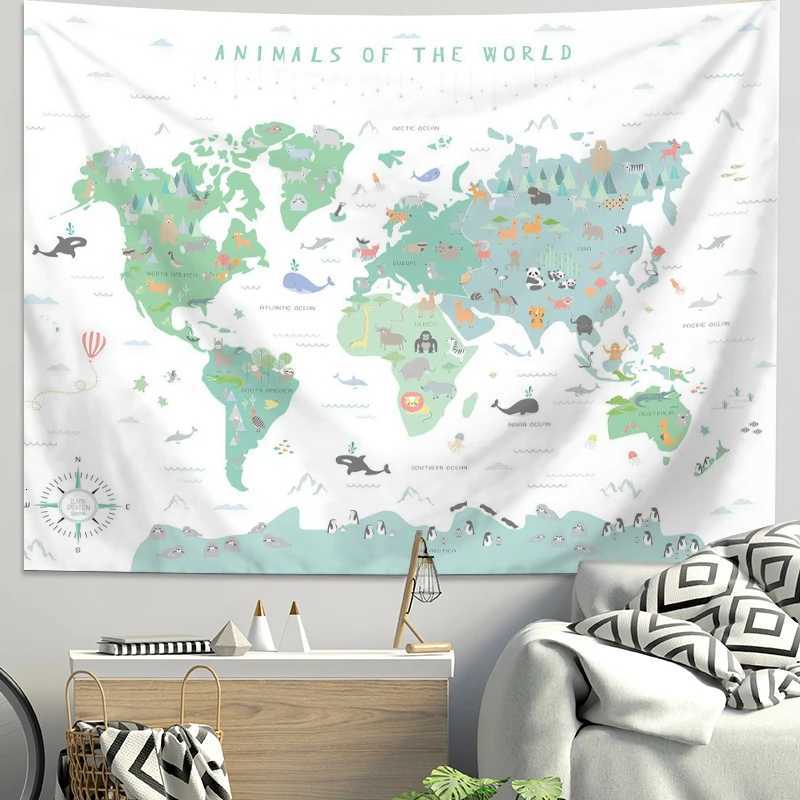 VIKAMA Ins Scandinavian World Terrain Tapestry Childrens Room Wall Decoration Cartoon Animal Map Bedside Background TapestryM251125