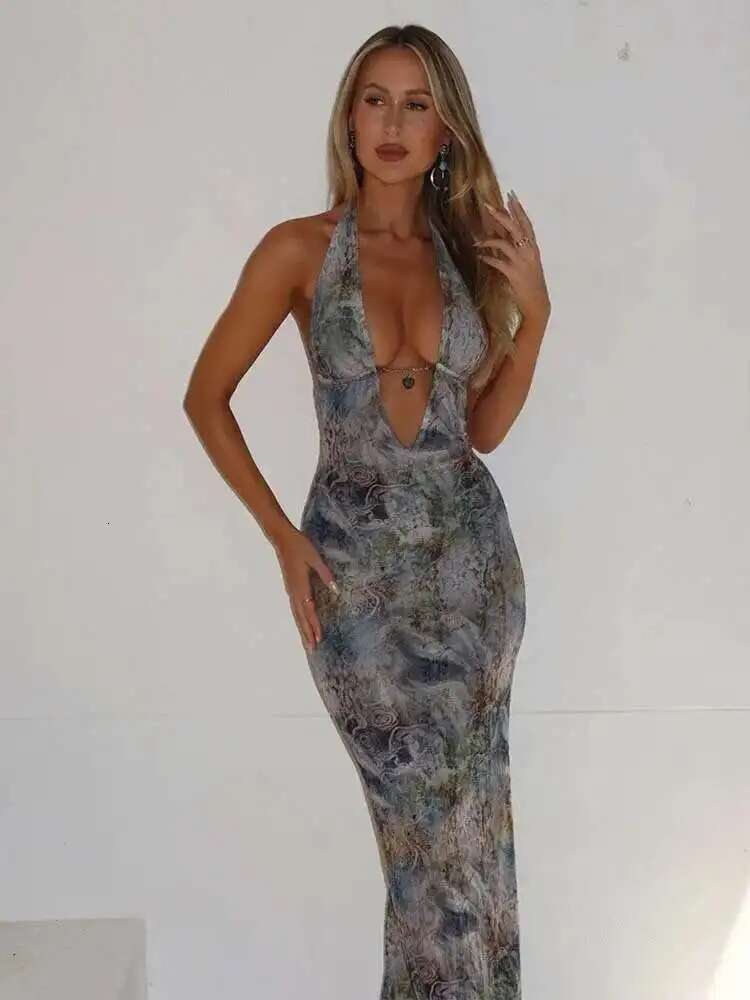 Dongdumaoyi Townlike Print Maxi Long Slim Bodycon Dress Women Halter Spring Summer Deep V Neck Nightclub Sexy Party Dresses