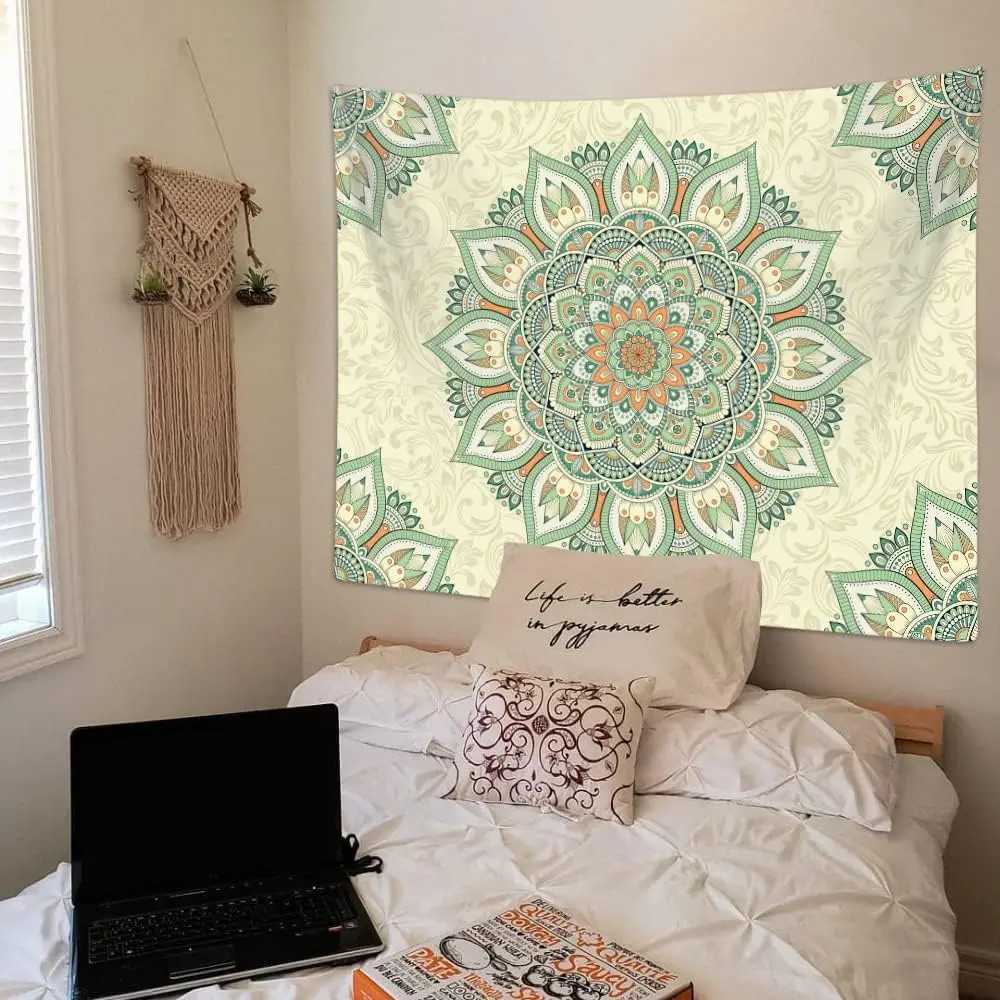 Bohemian Sage Green Mandala Art Tapestries Wall Hanging for Teen Girls Bedroom Aesthetic College Dorm Living Room Office HippieM251125