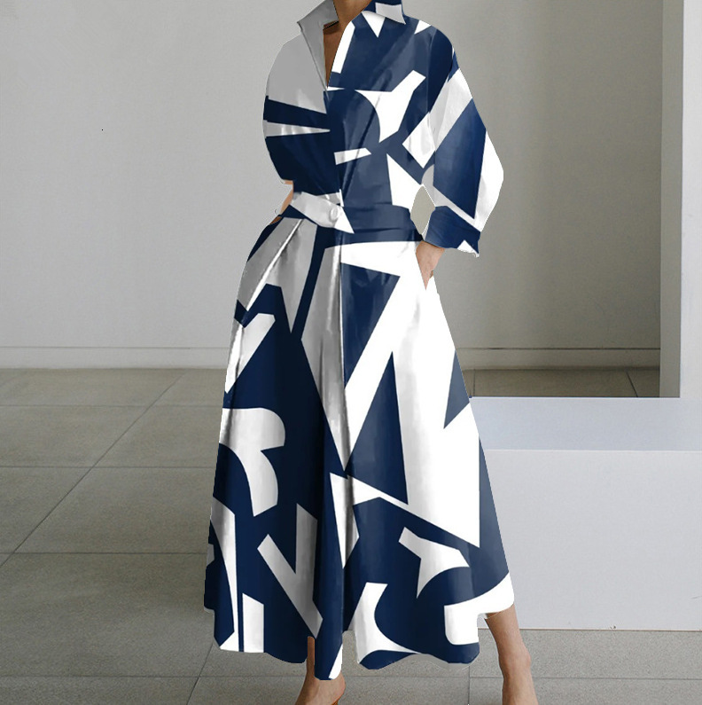 2023 Autumn New Fashion Long Sleeve V-Neck Printed Dress for Women