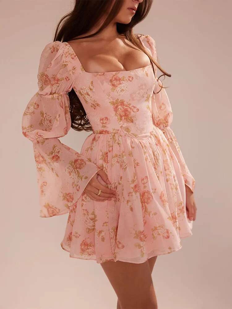Dongdumaoyi Townlike Floral Print Waist Wrap A Line Dress Women Flare Sleeve Mini Autumn Winter Nightclub Sexy Party Dresses