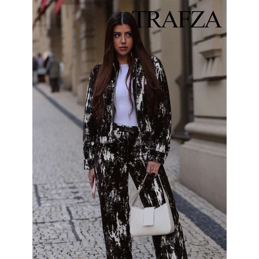 TRAFZA Vintage Pants Set Women's Fashion Versatile Animal Print Lapel Flocking Jacket+Belt High Waist Pocket Long Jeans Mujer