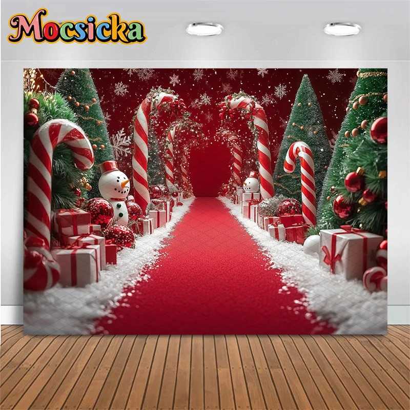 Mocsicka Christmas Background Photography New Year Candy Door Tree Red Carpet Decoration Winter Snowman Photo Backdrop WallpaperM251125