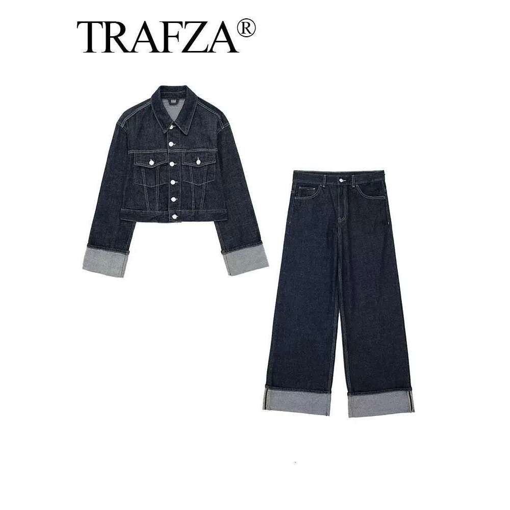 TRAFZA 2024 Autumn Female Vintage Denim Suit Long Sleeve Single Breasted Lapel Coat+High Waist Wide Leg Jeans Street Fashion Set