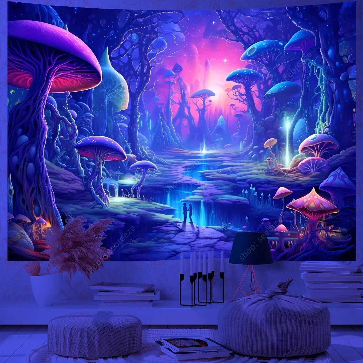 Fantasy Mushroom UV Reactive Tapestry Beautiful Floral Plant Tapestry Wall Hanging Gothic Home Wall Decor Room Decor AestheticM251125