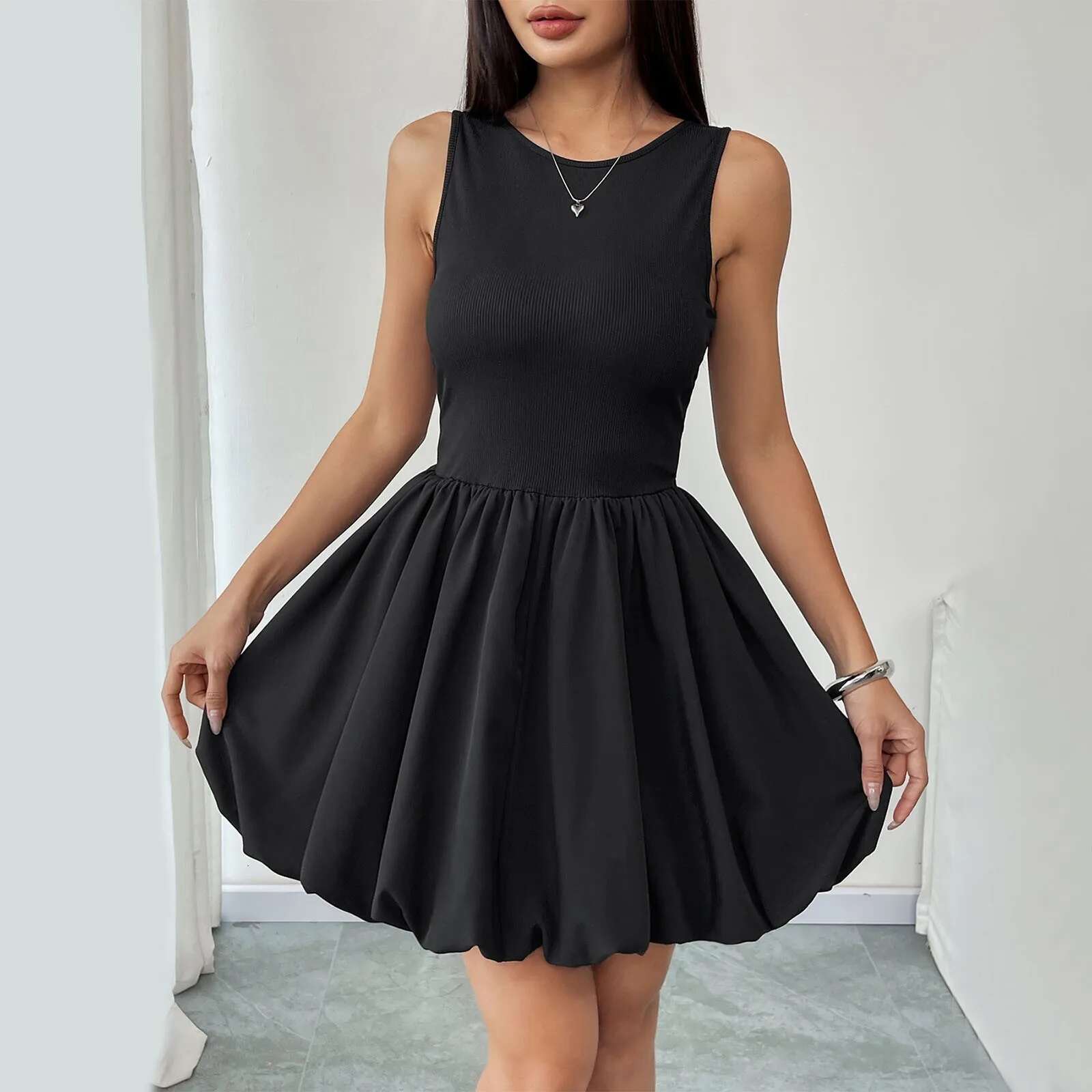Dongdumaoyi Woman Dresses Sleeveless Short Party Pleated Tank Black Women Elegant Solid Burgundy Mini Dress