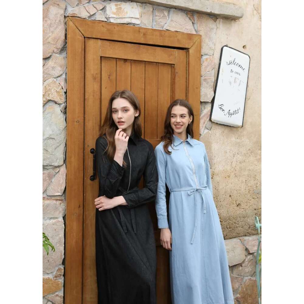 AS 2025 Light Dress 100% Cotton Soft Denim Zipper And Removable Belt Woman Clothes