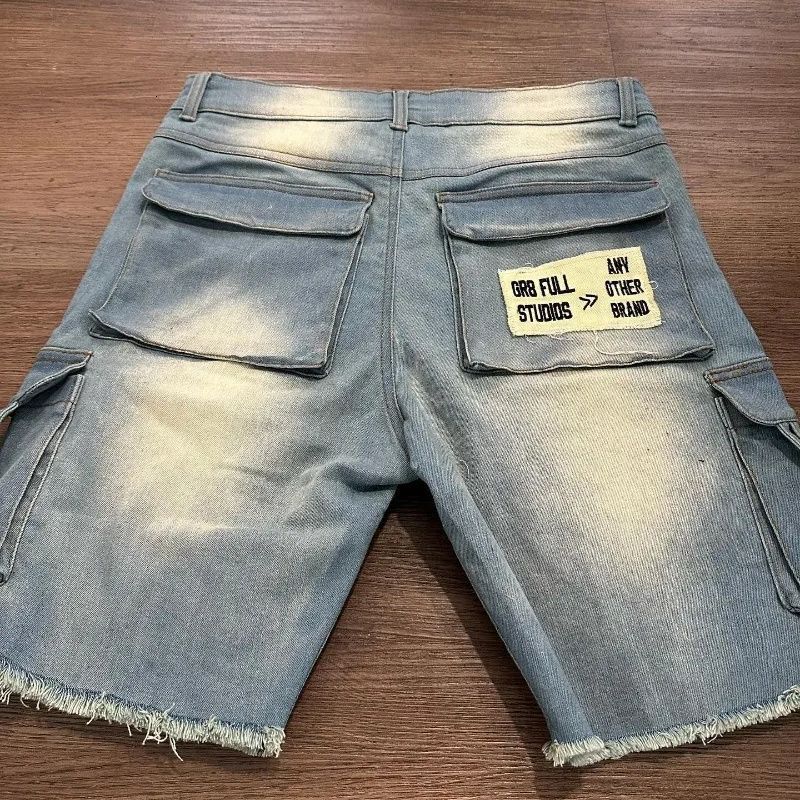 American Street Hip Hop Washed Gradient Embroidered Denim Shorts for Men 2025 Summer New Loose