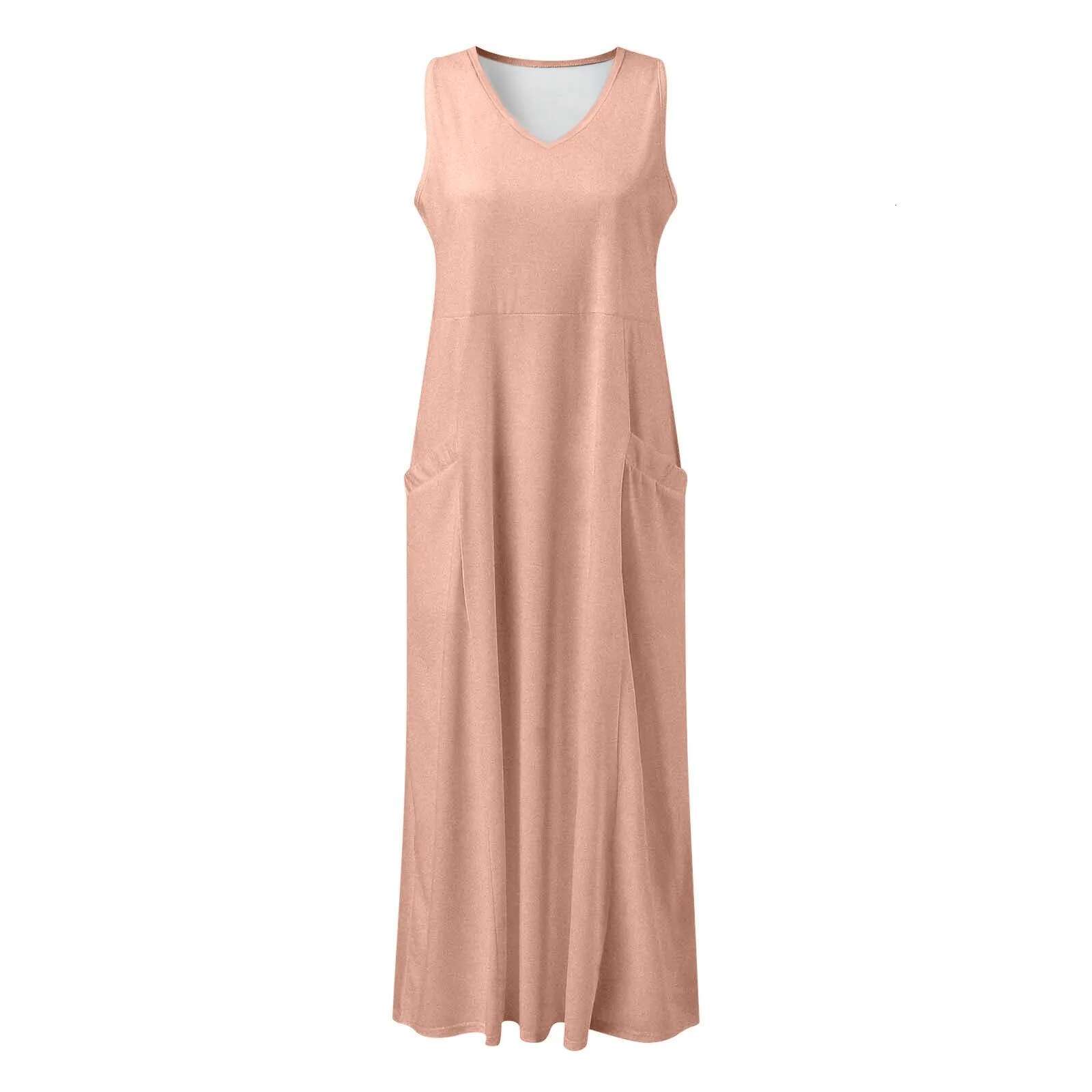 Dongdumaoyi Women S Sundress V Neck Long Dress With Pocket Solid Cotton Linen Summer Causal Loose Sleeveless Beach T Shirt