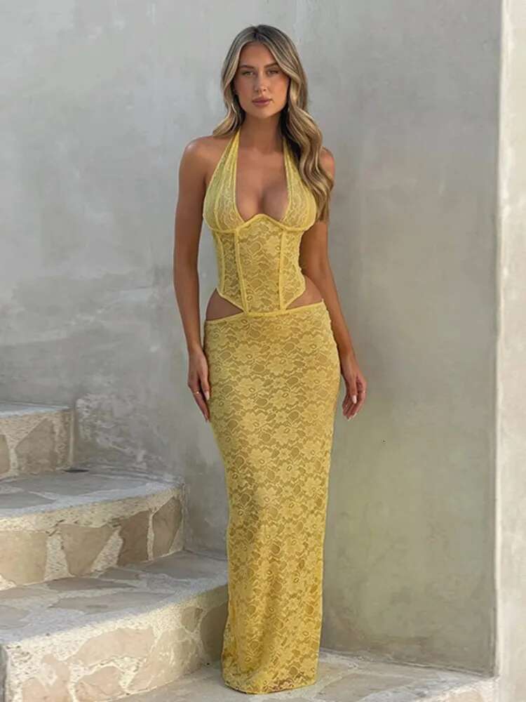 Dongdumaoyi Townlike Lace Slim Bodycon Dress Women Halter Summer Elegant Maxi Long Backless Nightclub Sexy Party Dresses