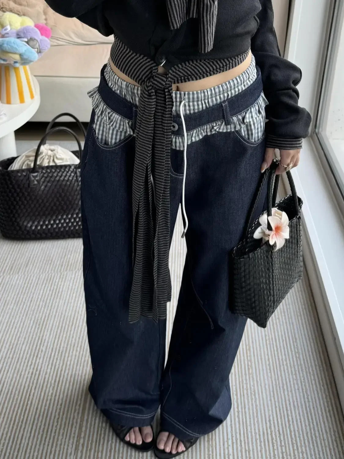 American retro washed plain waist black fungus edge patchwork jeans suitable for womens high street loose straight leg pants 250422