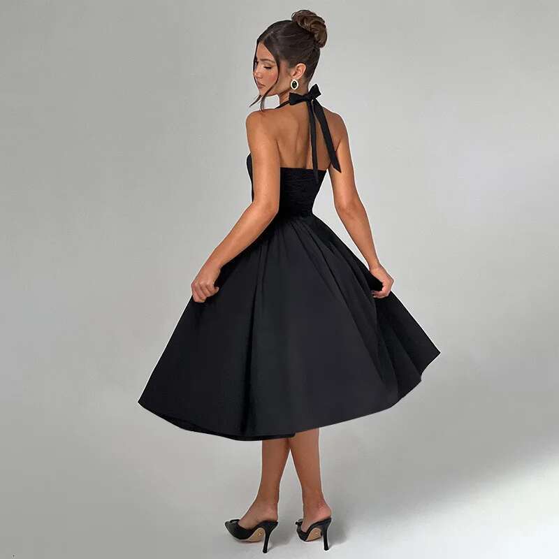 Dongdumaoyi Townlike Waist Wrap A Line Pleated Dress Women Halter Summer Midi Long Backless Nightclub Sexy Party Dresses
