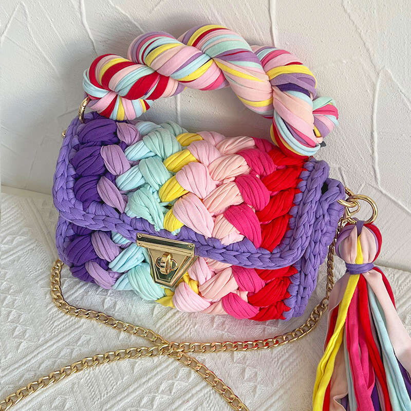 designer Hot Sale Woven Color-Block Handmade DIY Finished Fabric Strip Yarn Crochet Crossbody Bag