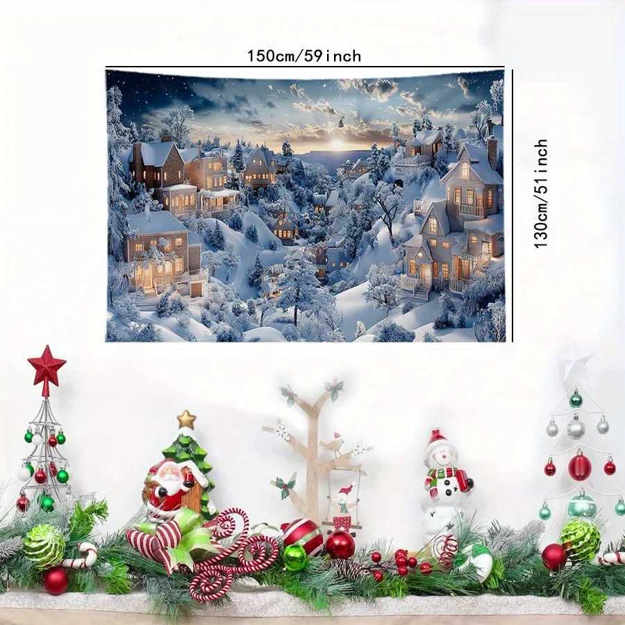 Christmas Landscape Tapestry Festive Wall Decor Snowy Village Design Multi-Use Holiday Banner for Home Kitchen PartyM251125