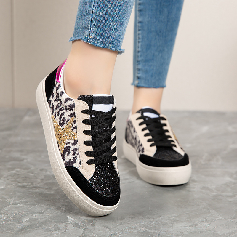 Free shipping women's leopard print sneakers gold star sequins pink heel black patchwork fashionable comfortable versatile daily wear sports casu