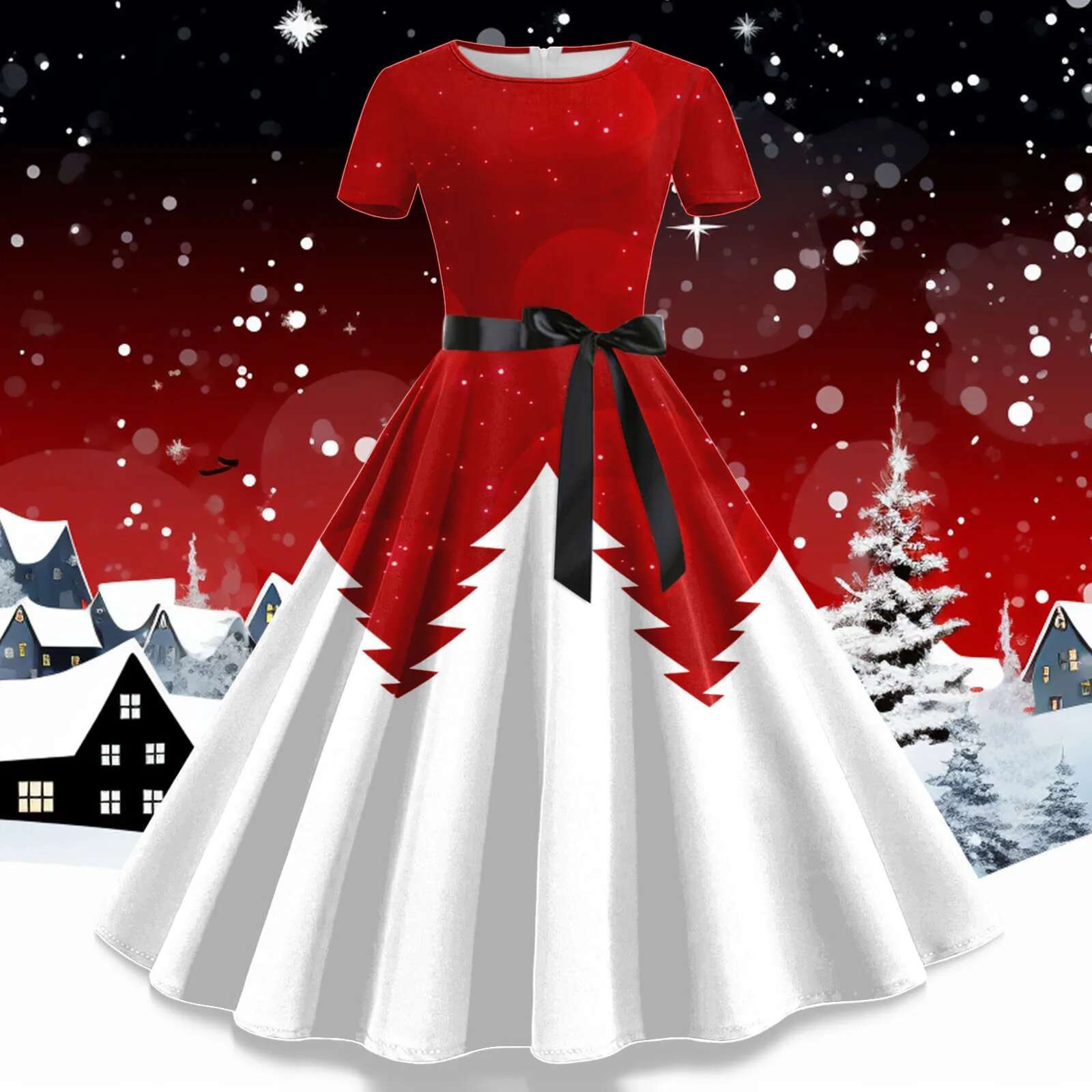 Dongdumaoyi Women S Fashion Christmas Print Dress Ladies Winter Casual Slim Short Sleeved Dresses Female Lace Splicing Hepburn Prom