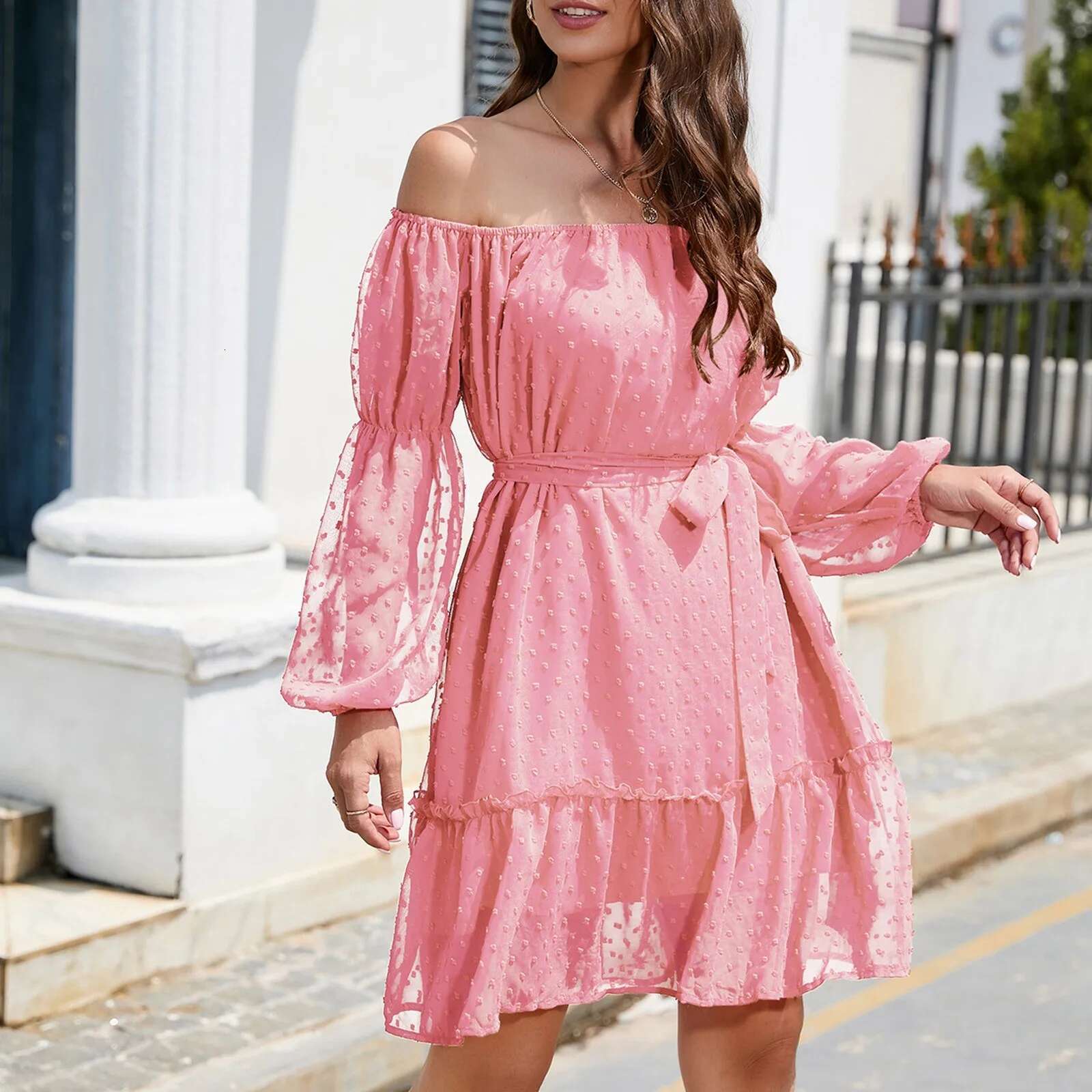 Dongdumaoyi Women S Elegant Dresses Summer Sexy Off Shoulder Solid Long Sleeve Tunic Dress Casual Jacquard Midi Vestidos