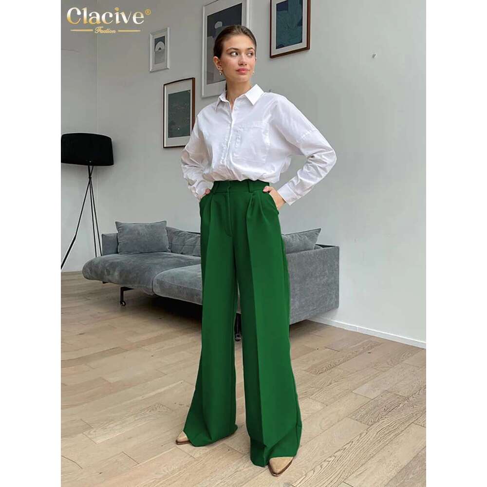 Clacive Blue Office Women's 2021 Fashion Loose Full Length Ladies Trousers Casual High Waist Wide Pants For Women